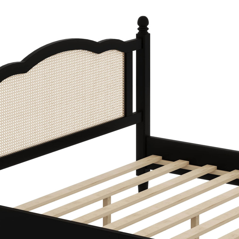 Lit plateforme en bois - tête de lit en rotin naturel, design rétro, support en lattes de bois (finition noyer | sommier non requis)