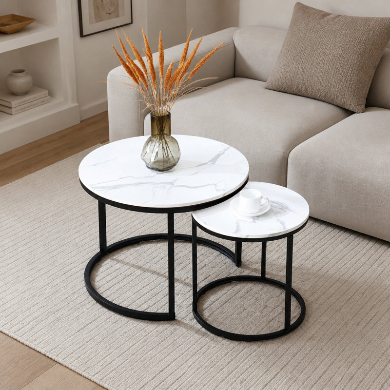 Ensemble de 2 tables basses gigognes rondes avec plateau en marbre noir et structure en métal noir, White/Black