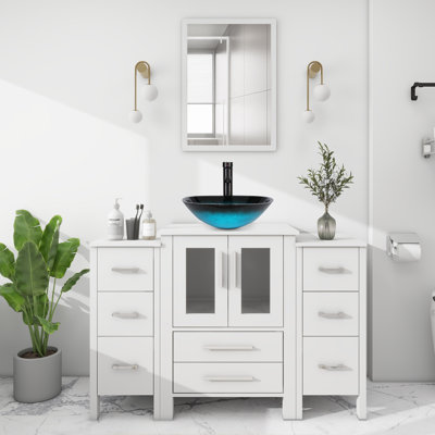  48“ Single Bathroom Vanity Set with Glass Vessel Sink, Manufactured Wood Top, Water Resistant, Zinc Alloy Faucet