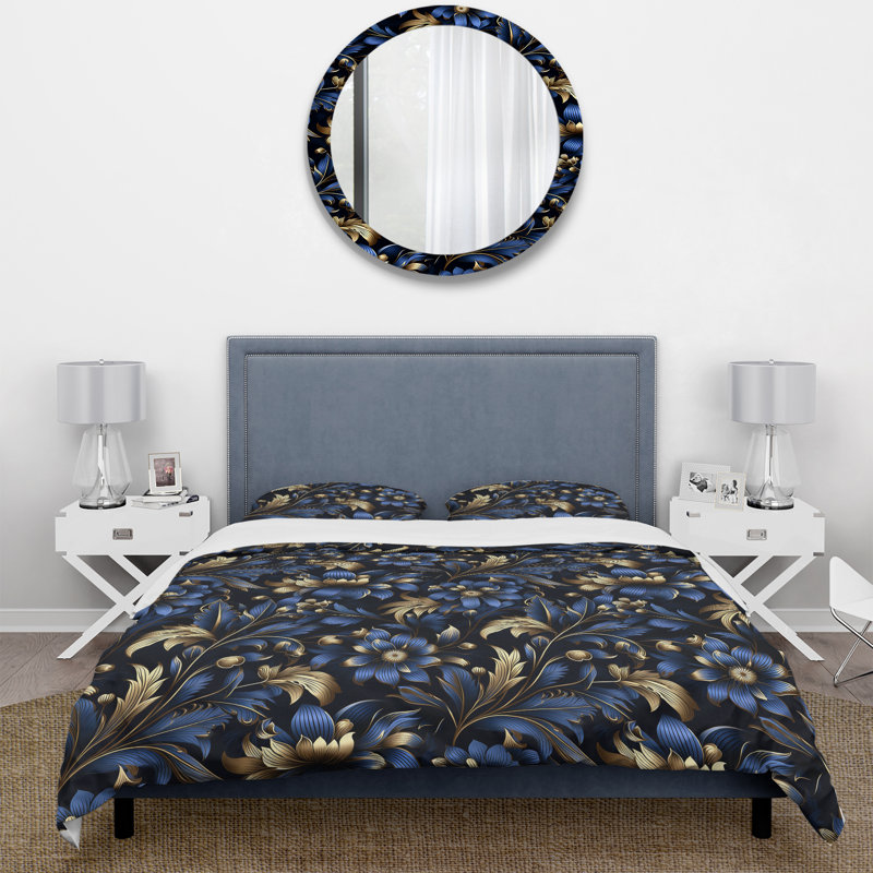 Literie Gold And Blue Luxury Damask Serenade II, Housse de couette pour grand lit et 2 taies décor