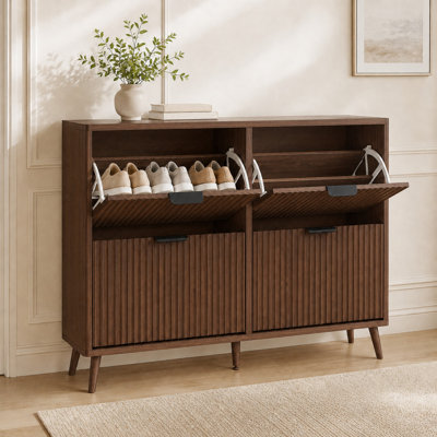 Shoe Cabinet With 4 Flip Drawers, Wooden Shoe Organizer With Hidden Storage, For Hallway And Entryway -Walnut