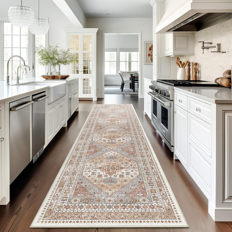 Medallion Non Slip Washable Rug(Orange), Runner 2' x 10'