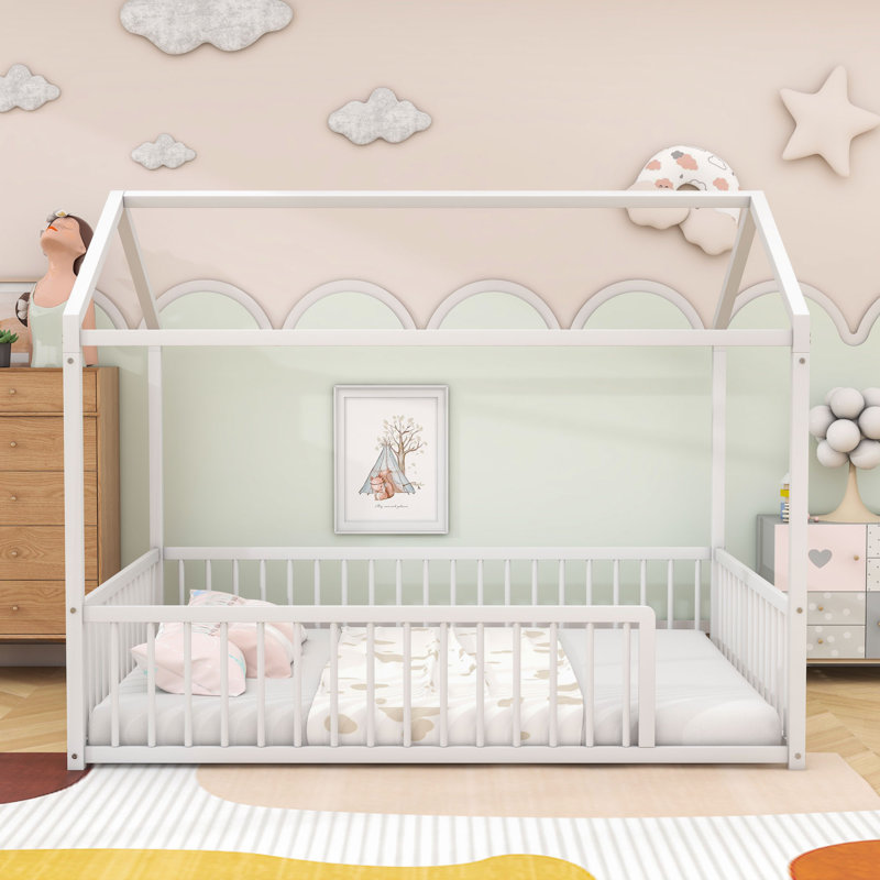 Metal House Shaped Bed With Fence, Full, White