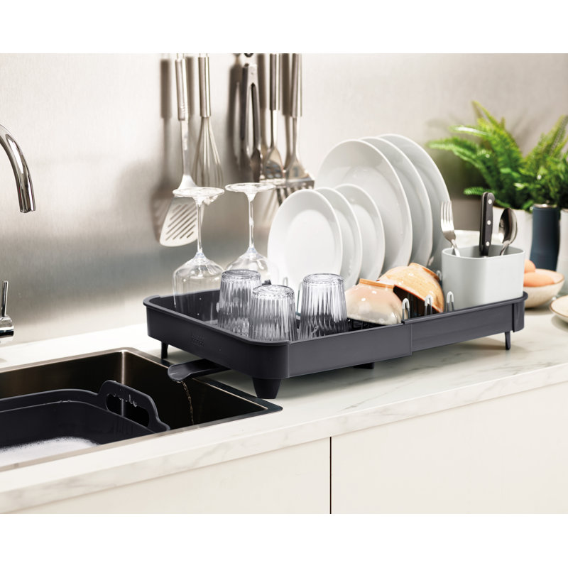 Gray Expandable Metal Dish Rack with Utensil Cup