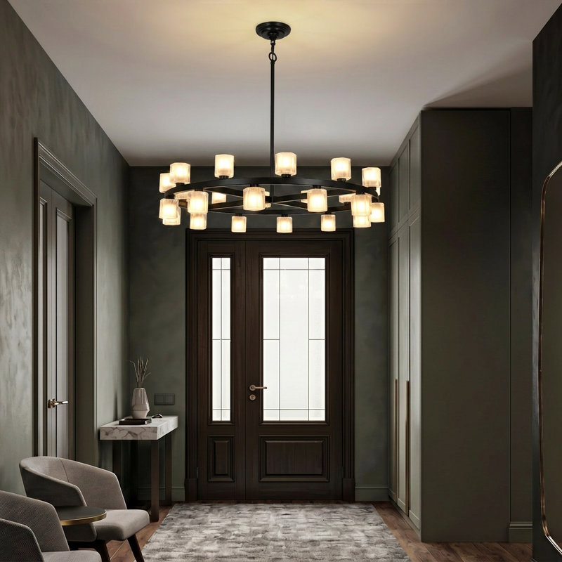 Lustre moderne noir à anneaux, grand luminaire suspendu rond de 16 lumières pour le vestibule du salon, hauteur réglable