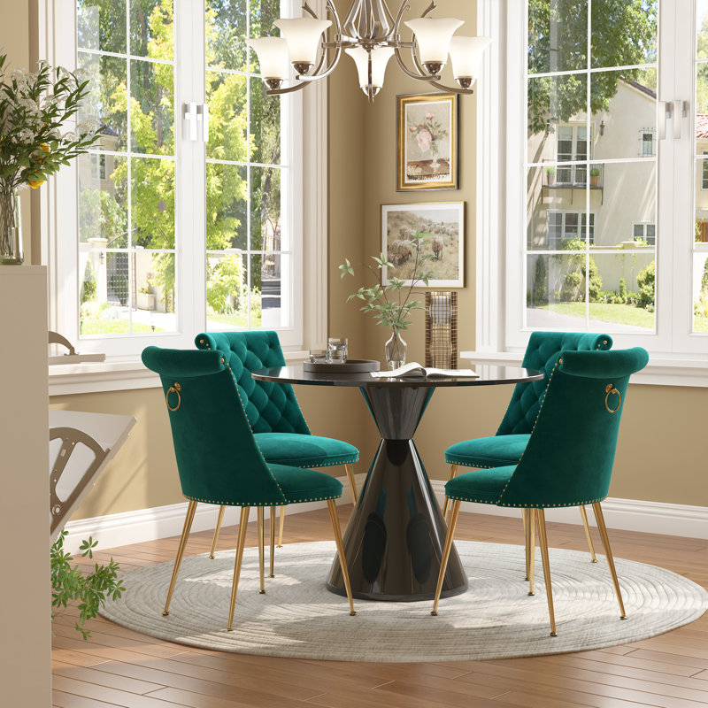 Magallanes 4-Person Round Table Velvet Chairs Dining Set, Black, Lake Green, Black