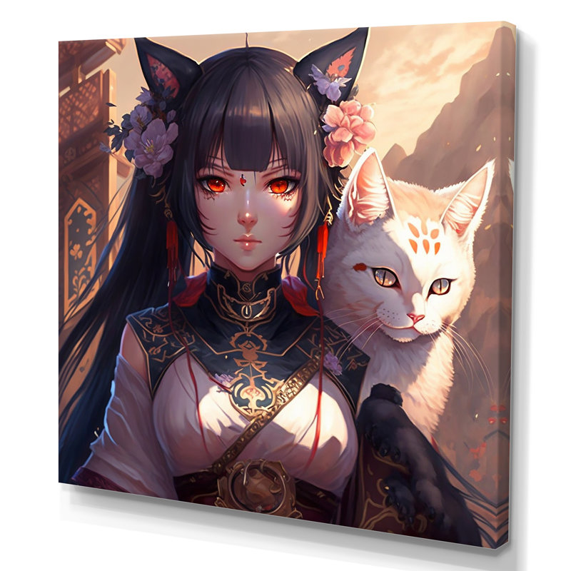 Femme d'anime avec un chat blanc - reproduction sur toile, L 36 po x H 36 po, Toile tendue