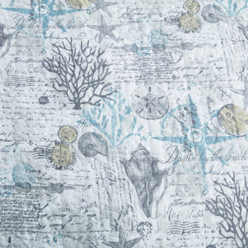 Coastal Charm Twin Cotton Quilt Set in Gray, Reversible with Sea Motifs