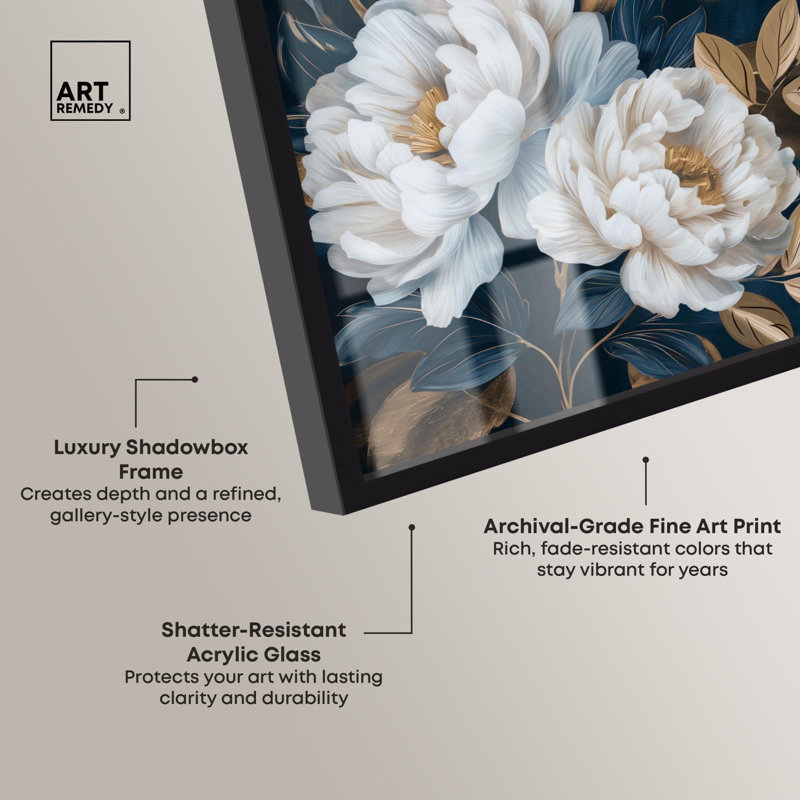 Décoration murale fleurs blanches et feuilles dorées Shadowbox par Art Remedy, H 46 po x l 31 po, Noir