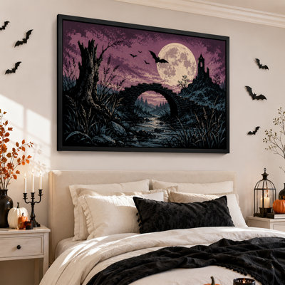 Pont de pierre et tour en ruine sous une lune violette - Toile murale d'Halloween