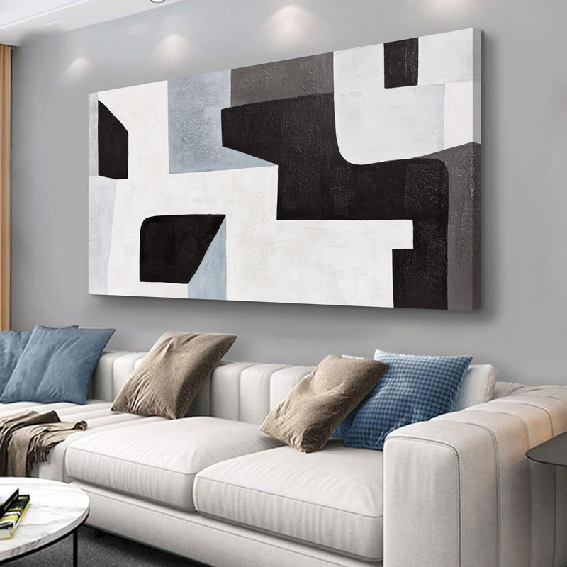Abstrait, art mural moderne, art minimaliste moderne, noir, gris et bleu, forme irrégulière, décoration sur toile, art mural abstrait, œuvre d'art encadrée pour le salon, la chambre, le bureau, 24 po x 48 po