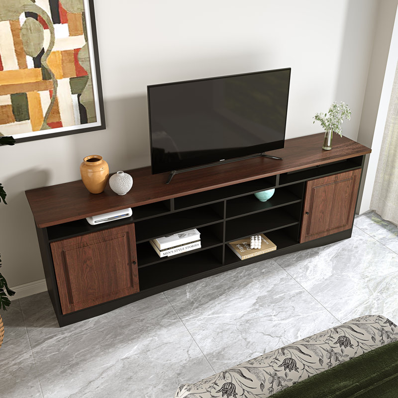 Meuble télé Toryne de 78 po avec tablettes de rangement ouvertes et armoires