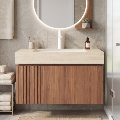 Meuble-lavabo flottant 30 po avec lavabo en céramique blanc encastré, armoire de rangement murale en contreplaqué avec tiroir et portes en chêne brun, plateau en pierre frittée Roma Travertine avec 1 trou de robinet pré-percé, pré-assemblé