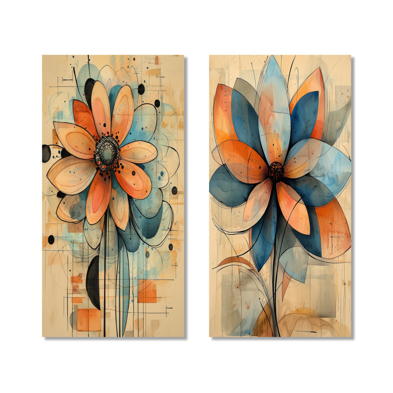 Pastel géométrique Dahlia Twist I - ensemble de 2 décorations murales en métal surdimensionné floral orange, 40" H x 40" W