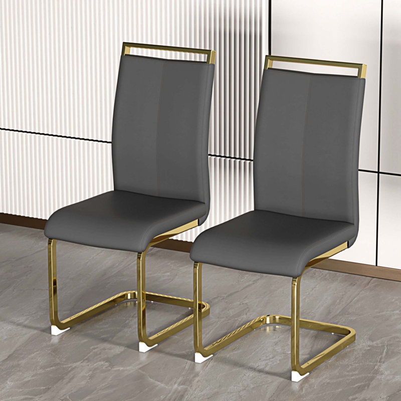 Modern Faux Leather Cantilever Dining Chairs (Set of 4), Dark Gray, Gold, 2