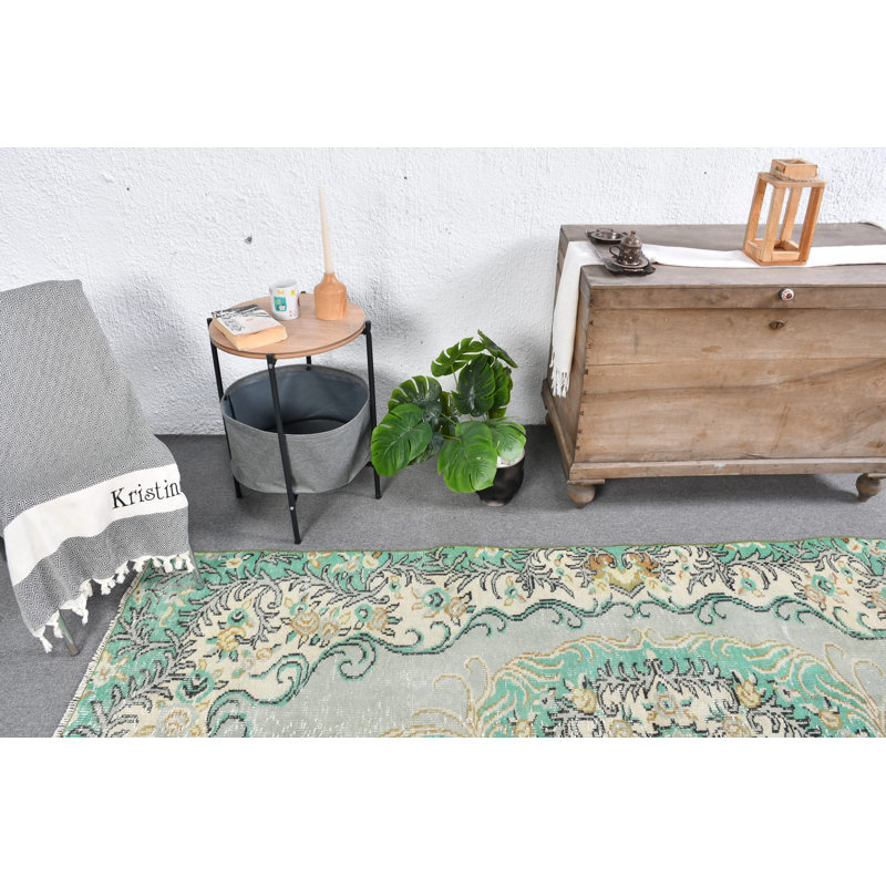 Tapis turc Oushak fait à la main avec motif floral en laine verte pour décoration intérieure classique noir / vert