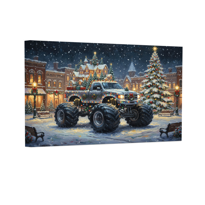 Camion de Noël dans une ville enneigée, H 12 po x l 18 po