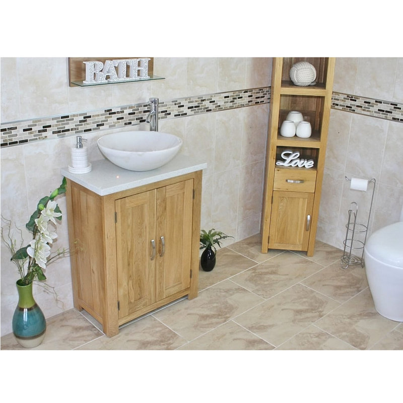 Cowen 650mm Single Bathroom Vanity with Vessel St1 Basin, White Marble, White Quartz, Light Wood