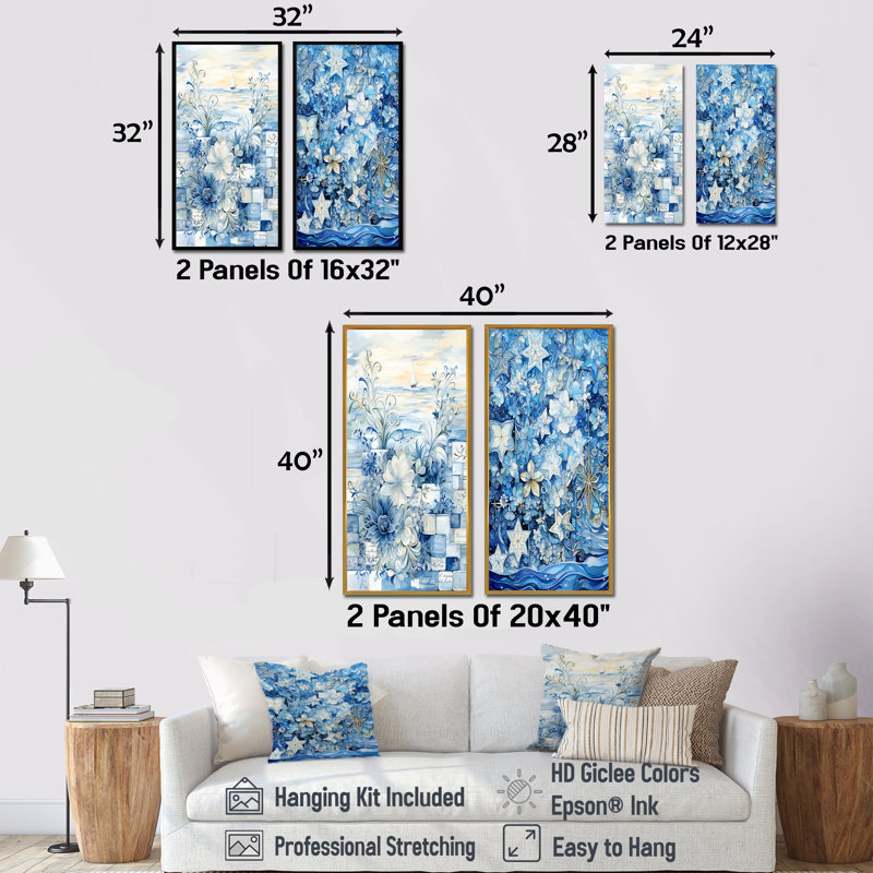 Carreaux botaniques blancs et bleus I - ensemble de 2 reproductions d'art botaniques abstraites, Cadre flottant brun