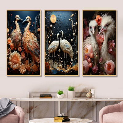 Ostriches Reverie Delight - Ostriches Canvas Wall Art Set Of 3