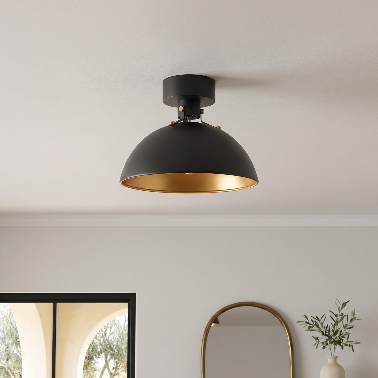 Argente Single Light Flushmount, Antique Brass/Black