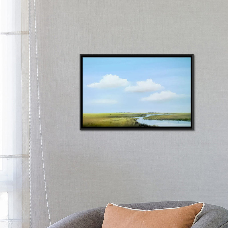 « down the river v », reproduction sur toile, H 18 po x l 26 po x P 1,5 po, Toile avec cadre noir, Pas de tapis