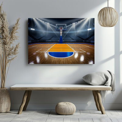 Canvas A Dynamic Basketball Arena Scene Captured From A Low Angle Wall Art Showcasing A Polished Wooden Court Reflecting Bright Canvas Wall Art