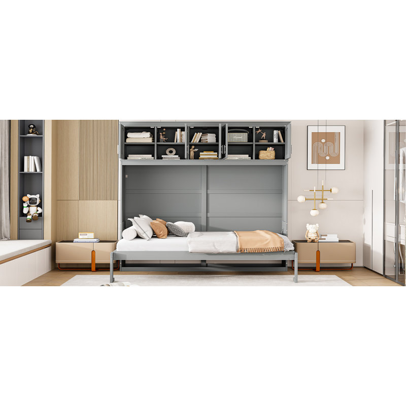 Lit escamotable mural avec armoires supérieures Murphy, Gris, Double