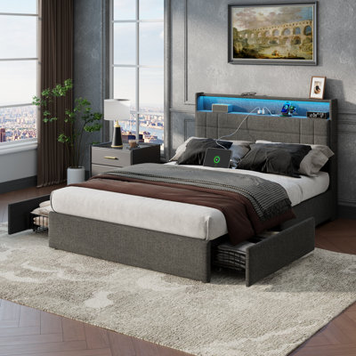 Queen Bed Frame with 4 Underbed Drawers and Open Storage Headboard, Upholstered Platform Bed with Adjustable LED Light and Charging Station, No Box Spring Needed,Beige