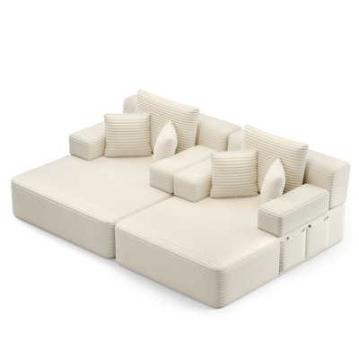 Oversized Double Chaise Lounge 2-Piece Set, Luxurious Plush Corduroy Convertible Sofa Bed with 6 Pillows and Storage Pocket, for Small Spaces,Home Theater, Living Room