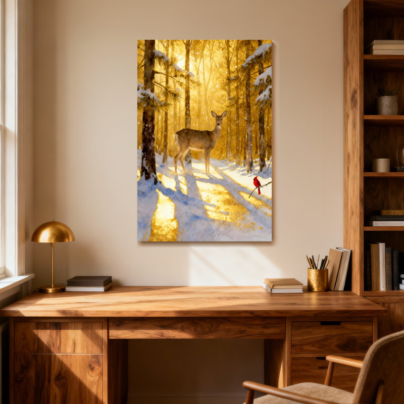Animaux, hiver, forêt, cerf et oiseau rouge, H 18 po x l 12 po