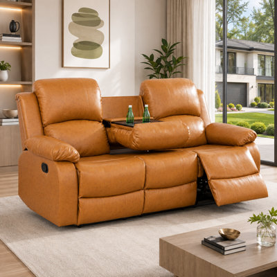 79" Premium Vegan Leather Reclining Living Room Sofa With Drop Down Table And Cup Holders