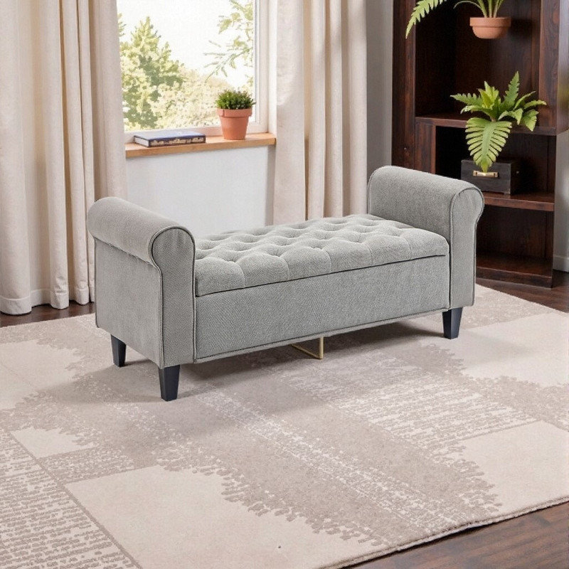 Banc de rangement rembourré 50 po avec accoudoirs roulés, repose-pieds capitonné pour chambre à coucher et entrée, Gris