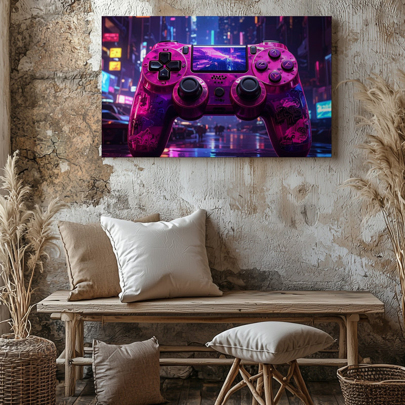 Wall Art Graffiti néon gamer rose et mauve contrôleur avec Cyberpunk Vibes quelle toile prête à accrocher galerie enveloppée Home Decor Decor
