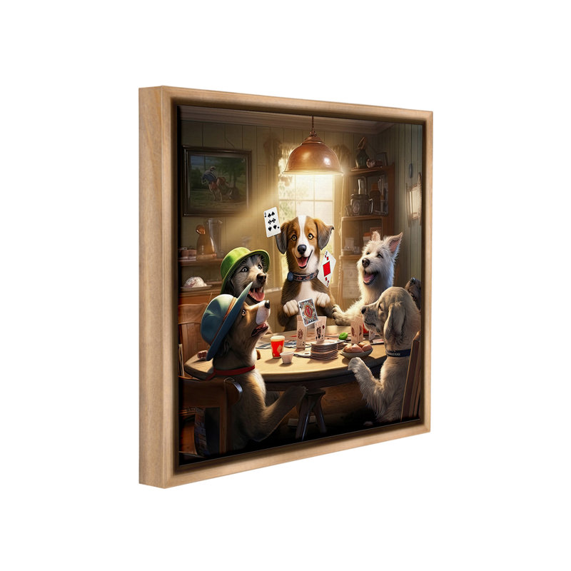 "Dogs & Magic Tricks" par Jim Baldwin sur toile, Cadre flottant orme Montalcino, H 18 po x l 18 po
