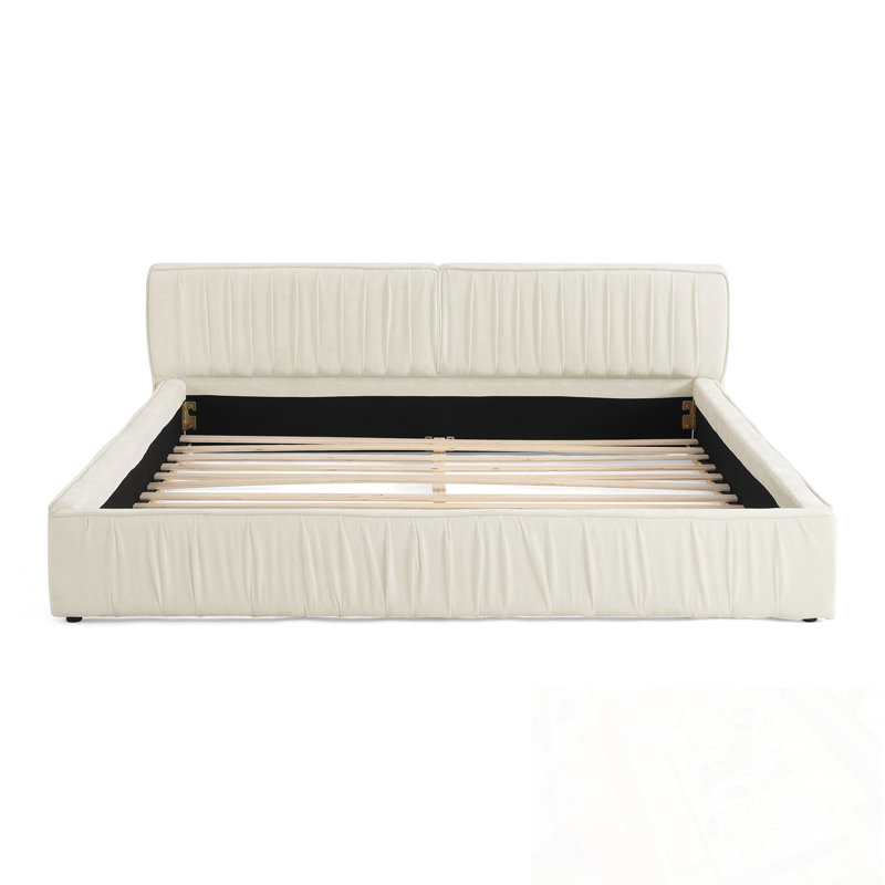 Structure de lit tapissier en chenille grand format avec motif plissé, Beige