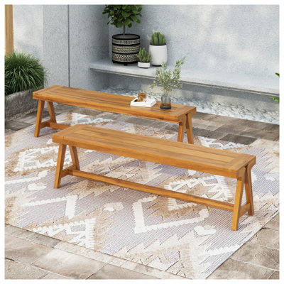 Outdoor Dining Benches Set of 2, Acacia Wood Patio Bench with Teak Finish - Contemporary All-Weather Garden Seating for Deck, Backyard, Poolside by Latitude Run