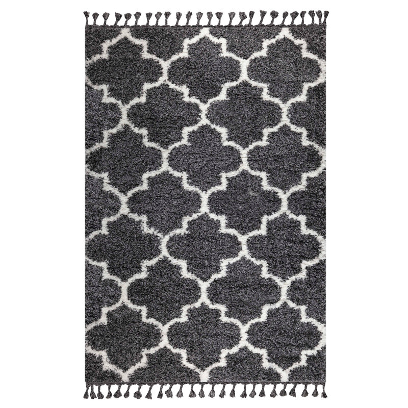 Tapis géométrique rectangulaire en polyester tissé à la machine blanc / noir Mikaela, Rectangle 6 pi 7 po x 9 pi 6 po