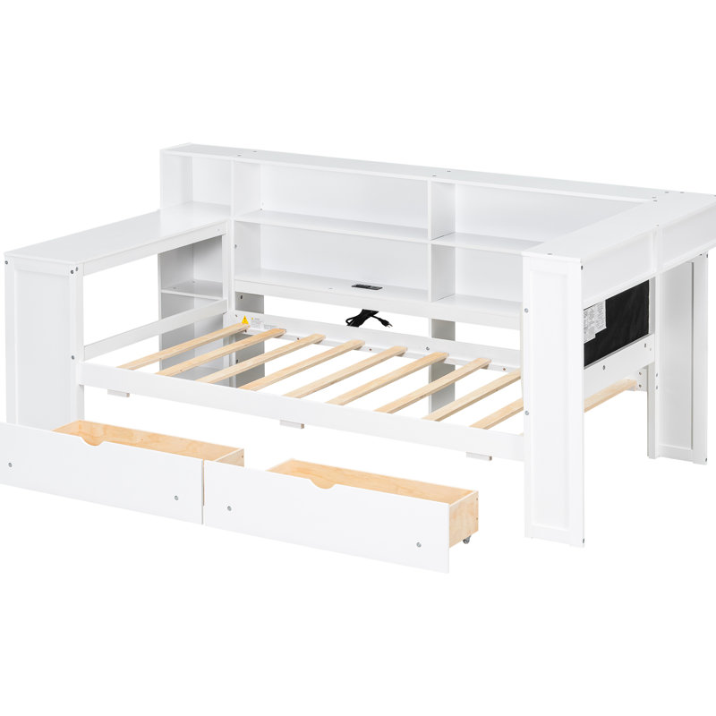 Plateforme en bois pour lit simple avec tête de lit tapissier confortable, tablettes de rangement, tiroirs, ports de charge, éclairage et table à DEL, grand espace de rangement blanc beige, fonction, DEL à 7 couleurs, bureau et coussin