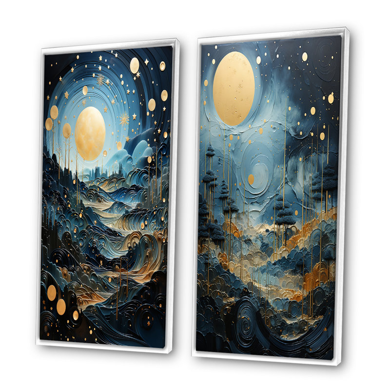 «Gold Blue Uranus Moonlight Mirage», 2 pièces, H 32 po x l 32 po, Cadre blanc