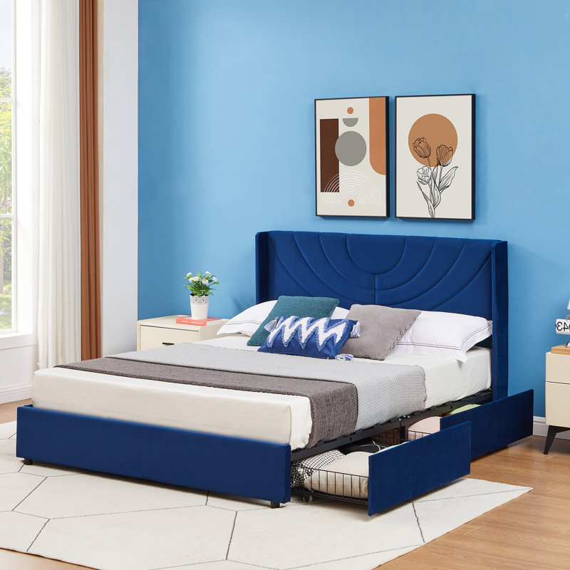 Auxter Queen Size Upholstered Bed Frame with 4 Storage Drawers and Storage Wingback Headboard, Velvet Queen Platform Storage Bedframe, Mattress Foundation with Wooden Slats Support, No Box Spring Needed, Dark Blue
