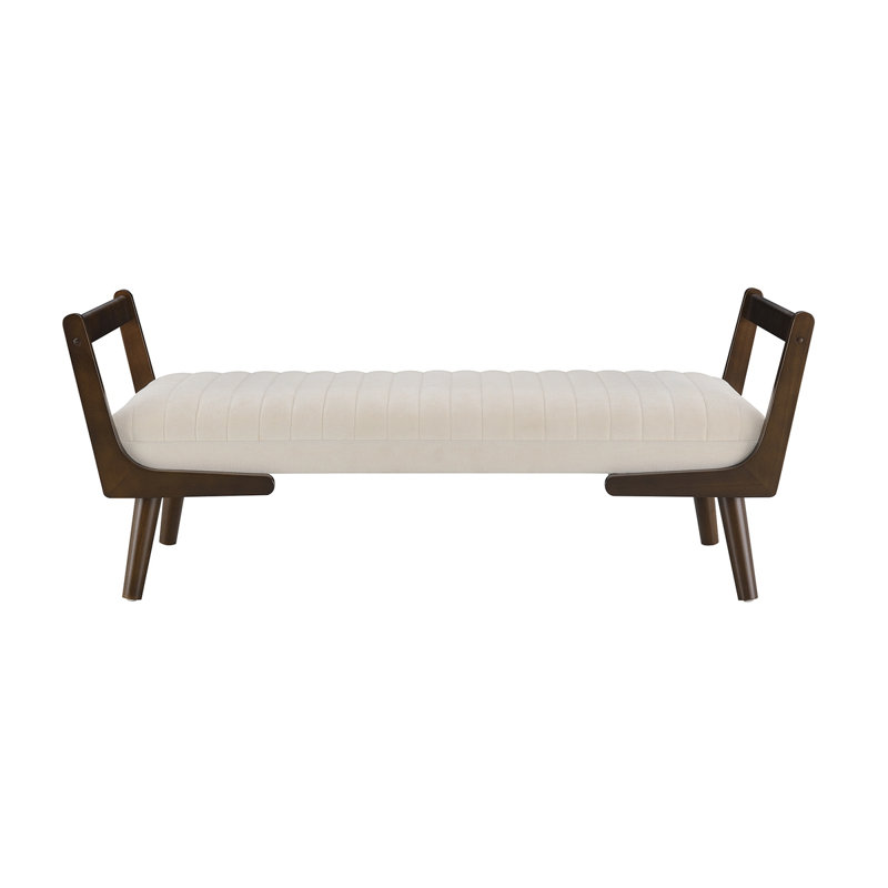 52" Mid Century Bench With Walnut Wood Leg,Channeled Upholstered Footrest Stool For Kitchen, Living Room, Bedroom, Entryway, End Of Bed. Chenille Fabric Beige
