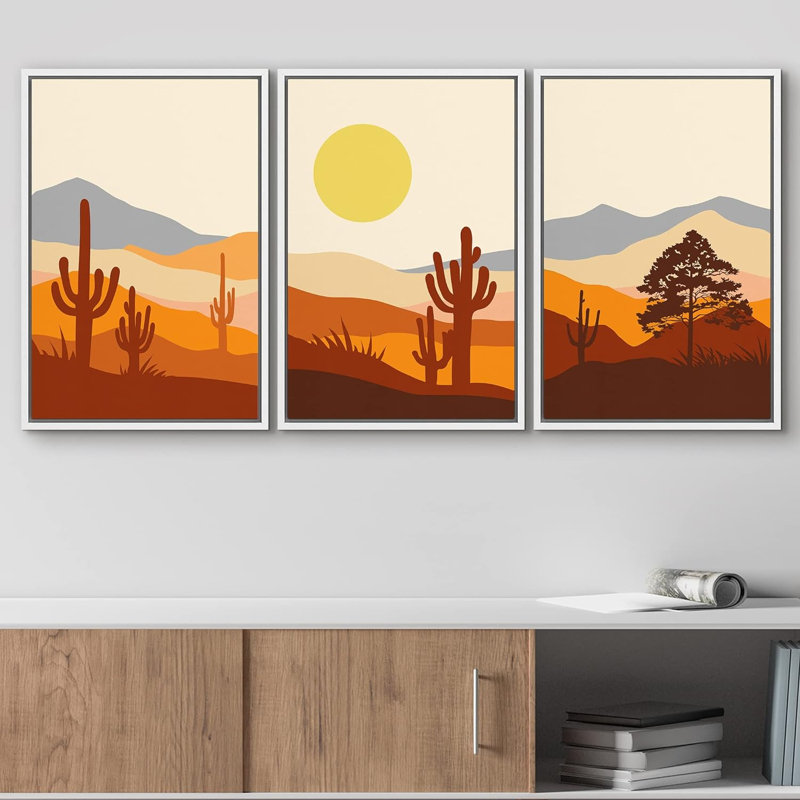 " Mid-Century Cactus Desert Mountain Abstract Nature Modern Art Decor Panorama Multicolor " 3 - Pieces, Blanc
