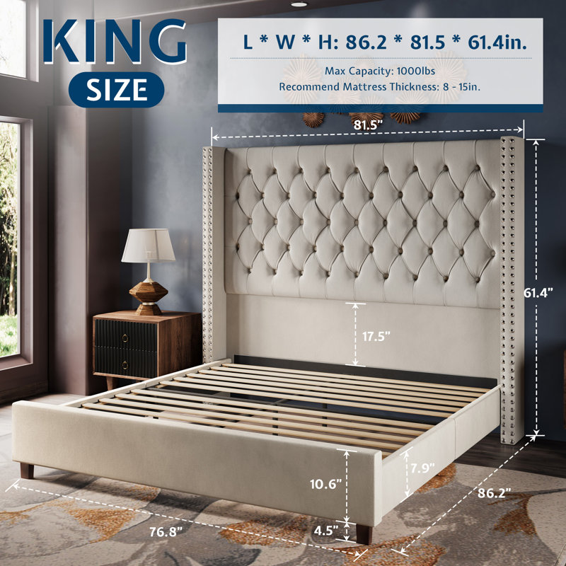 Bed Frame with 61.4" Tall Headboard Upholstered Velvet Platform Bed, Cream, King