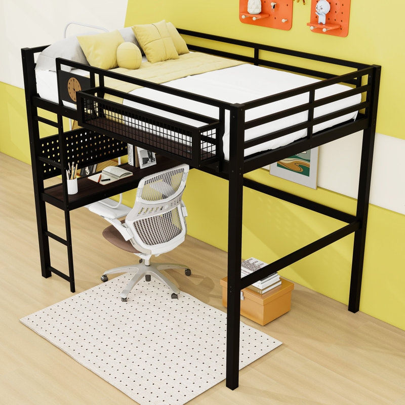 Lit mezzanine en métal avec bureau, panneau perforé, panier de rangement, horloge et port de charge, Lit double