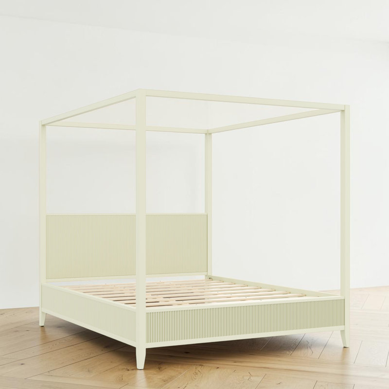 Lit plateforme à baldaquin en bois, tête et pied de lit cannelés, moderne, chambre à coucher, Très grand lit, Beige