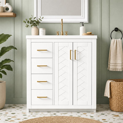 30" Bathroom Vanity With Ceramic Sink, 3 Drawers & Soft-close Doors, Freestanding Solid Wood Frame Bathroom Storage Cabinet - White