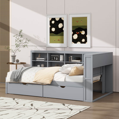 Wooden Twin Size Daybed With Two Built-In Drawers And Storage Shelf
