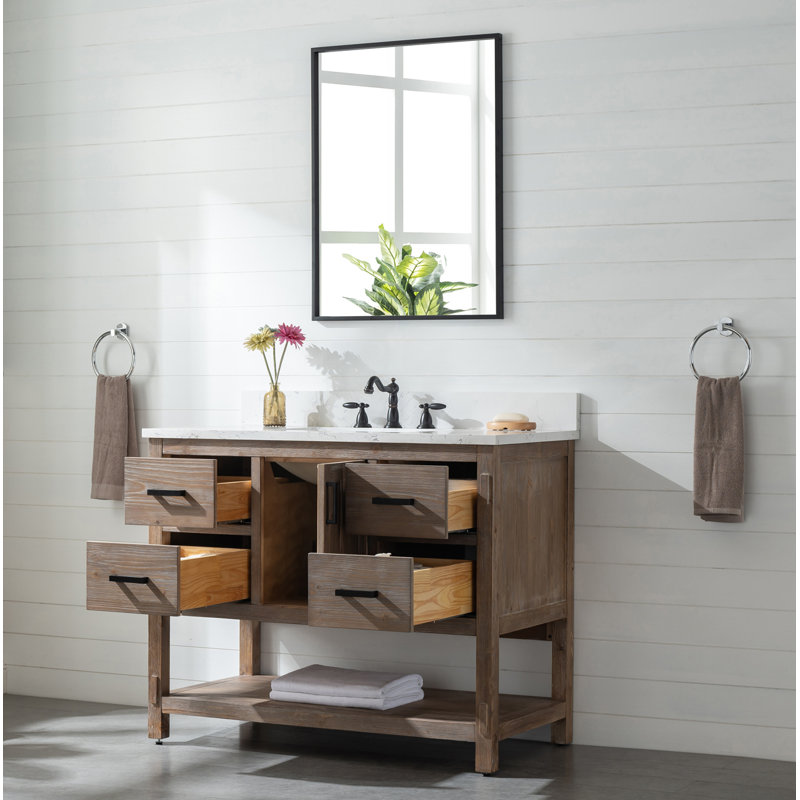 Marissa 42'' Single Bathroom Vanity with Engineered Stone Top, Brown Spruce