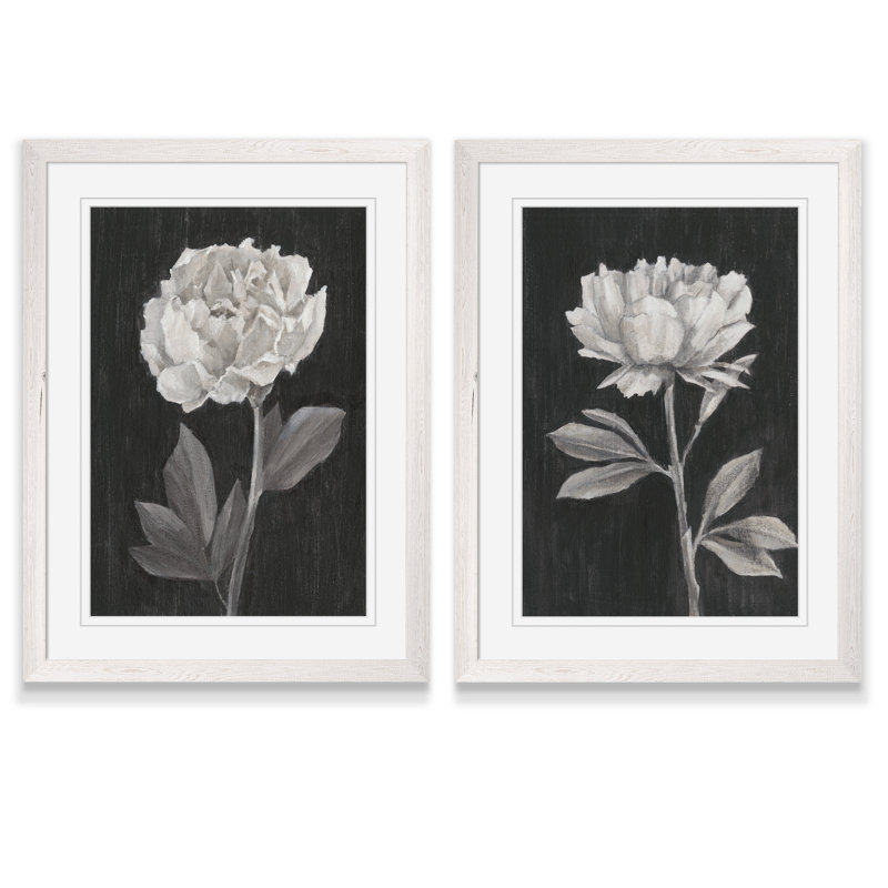 «Black and White Flowers III», ensemble de 2 reproductions d'art encadrées, H 24 po x l 36 po x P 1,25 po, Blanc